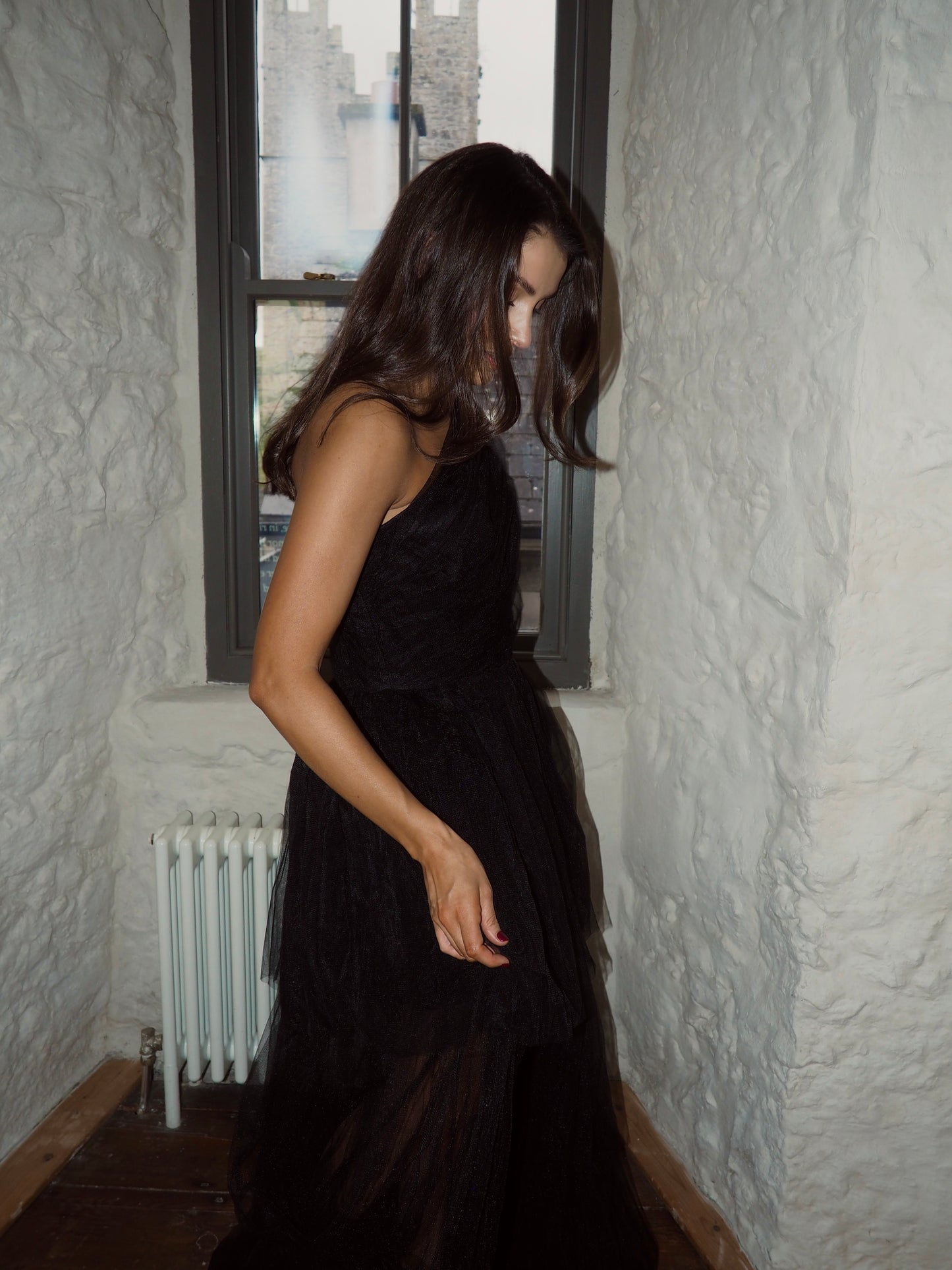 Black Lace and Beads Rowan One Shoulder Tulle Gown