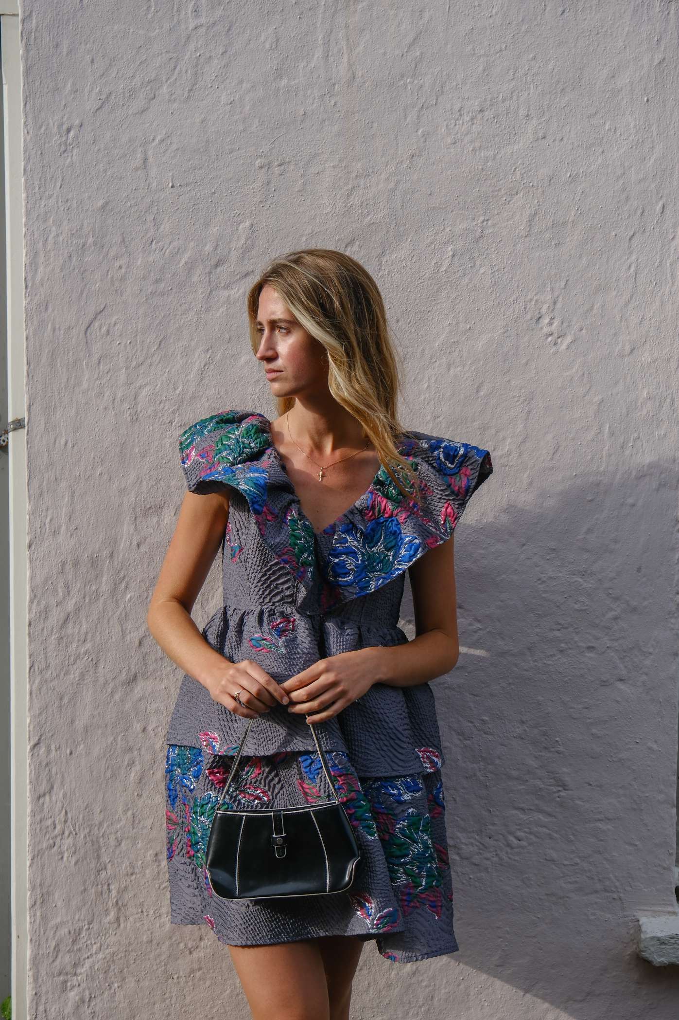 Ganni Tiered Floral Print Cloqué Mini Dress