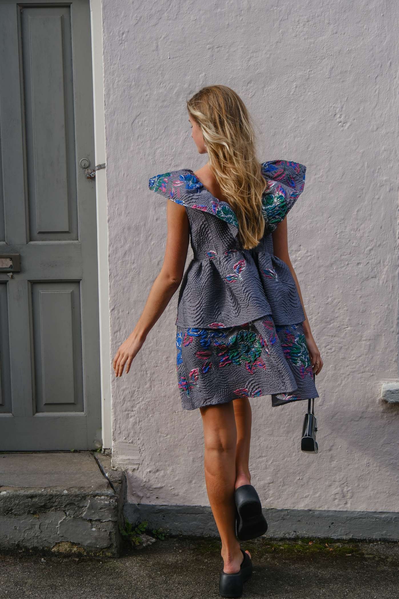 Ganni Tiered Floral Print Cloqué Mini Dress