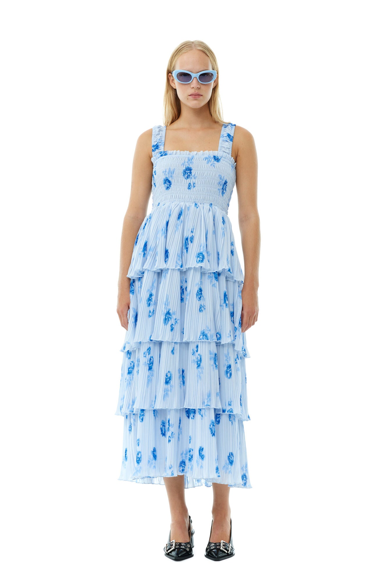 Ganni floral-print plissé midi dress