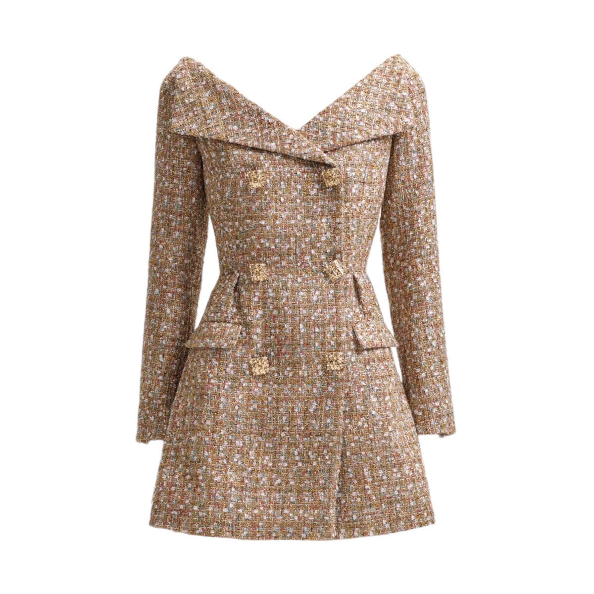 Self- Portrait Gold Tinsel Boucle off shoulder mini dress