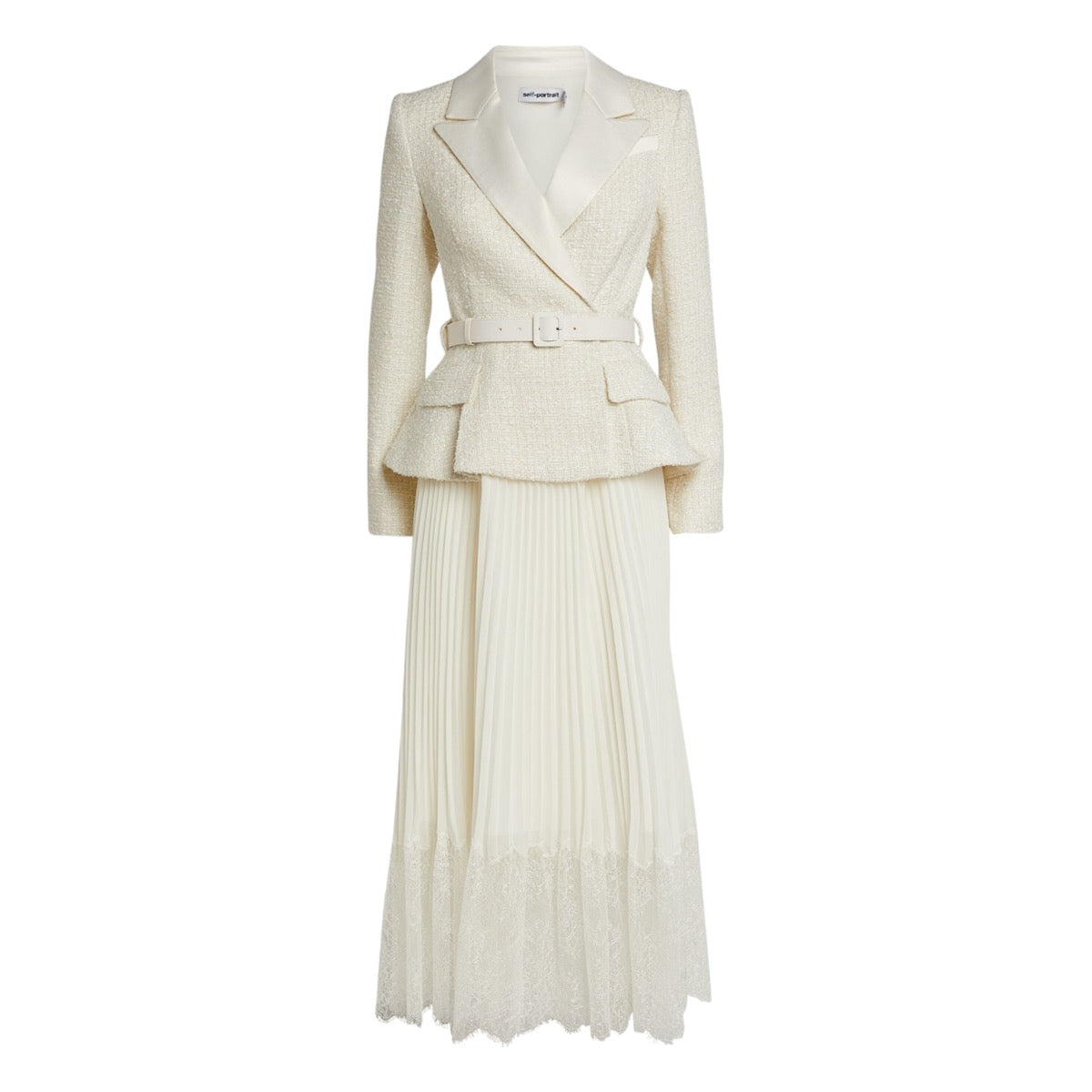 Self-portrait Cream Tailored Bouclé And Chiffon Midi Dress