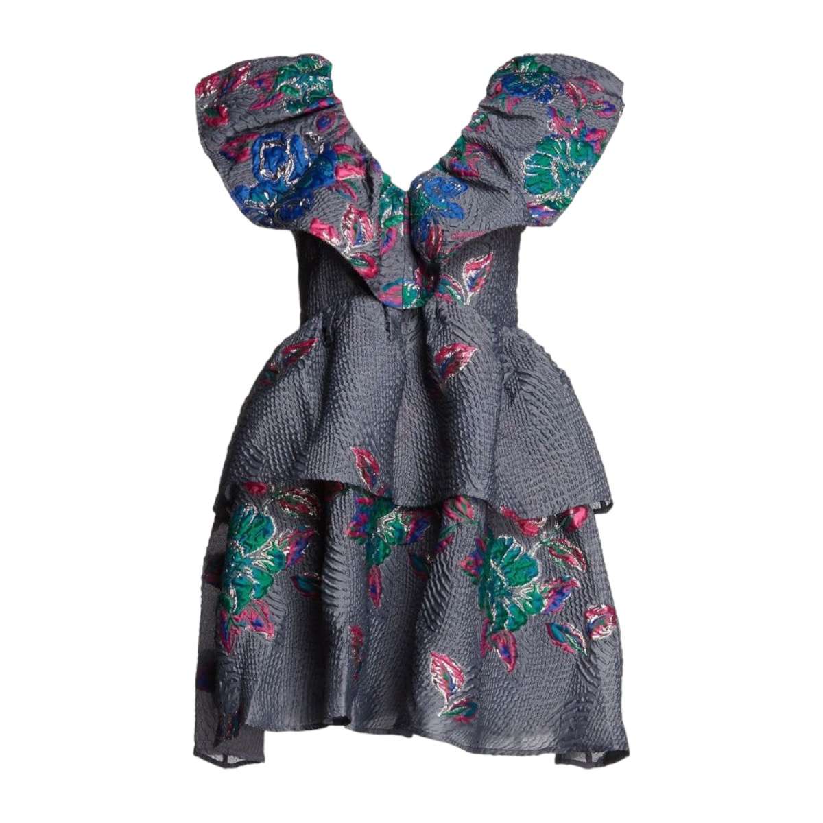 Ganni Tiered Floral Print Cloqué Mini Dress